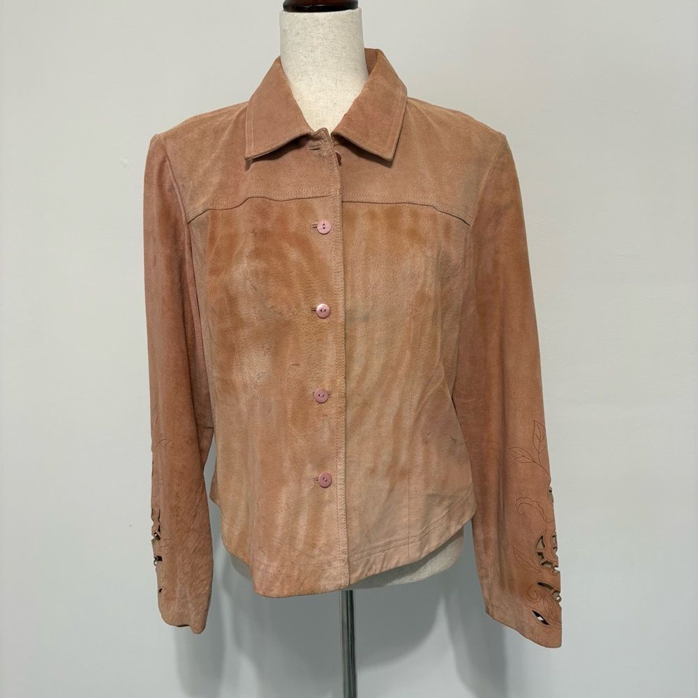 Coldwater Creek Dusty Rose Pink Suede Leather Laser Cutout Rodeo Jacket Sz M